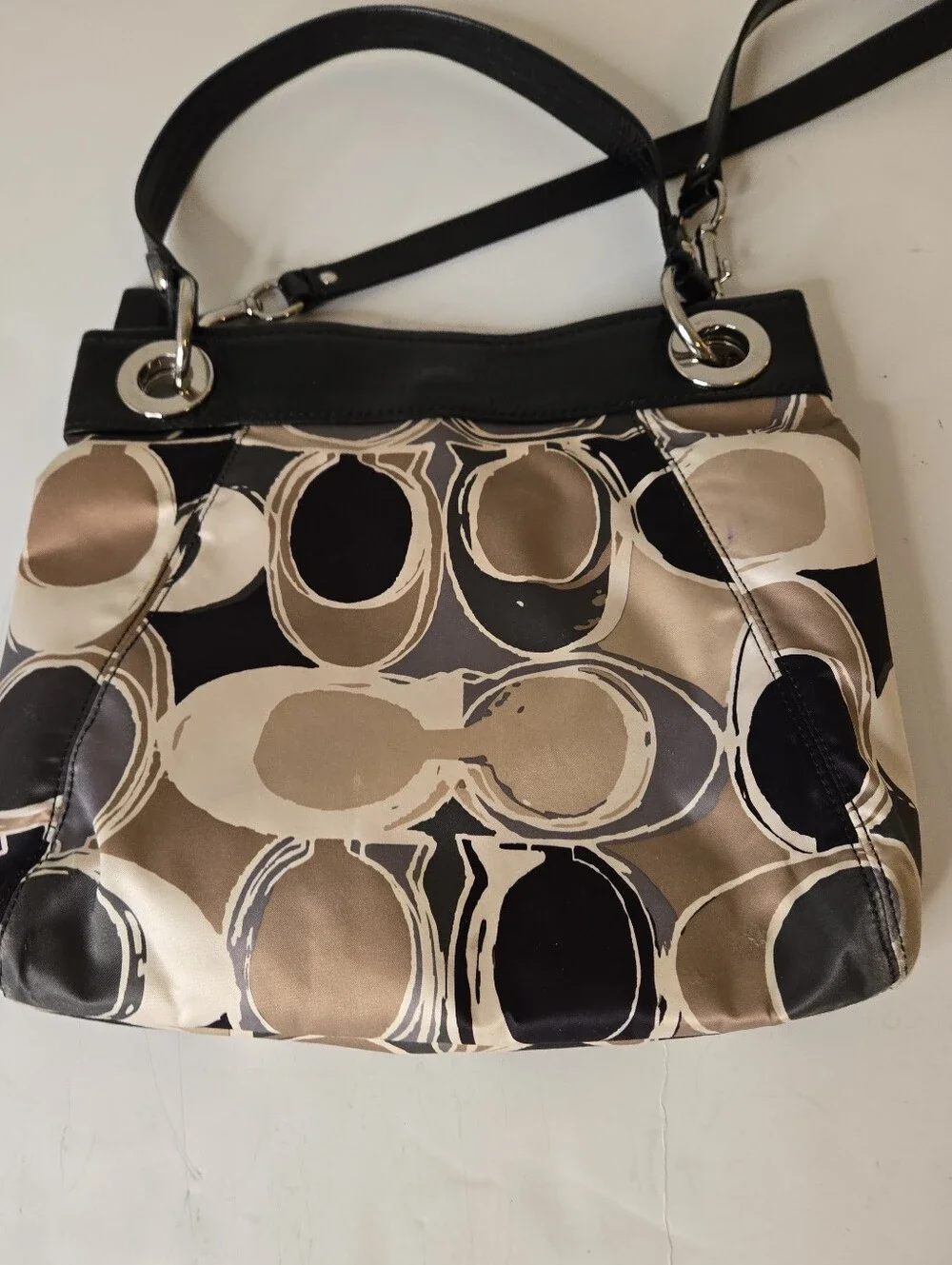 Coach Signature Sateen Ashley Scarf Print Black and Tan Shoulder Bag F17649